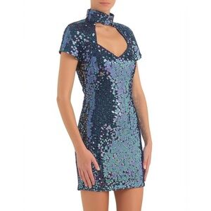 Niteline Della Roufogali Dress 4 Blue Fitted Sequin Sweetheart Keyhole‎ Glam 90s